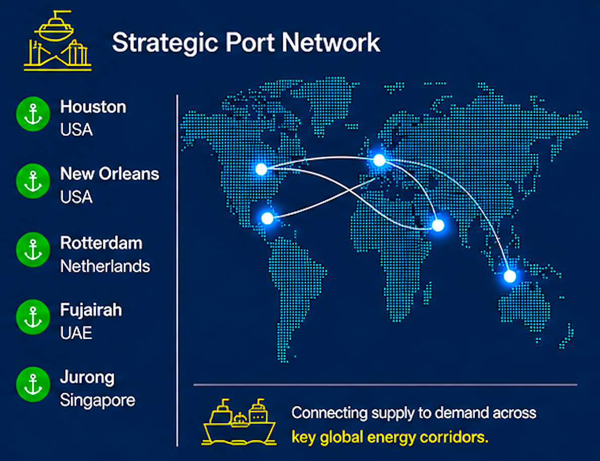 Strategic Port Network showing Houston, New Orleans, Rotterdam, Fujairah, and Jurong with white nodes and curved route lines.